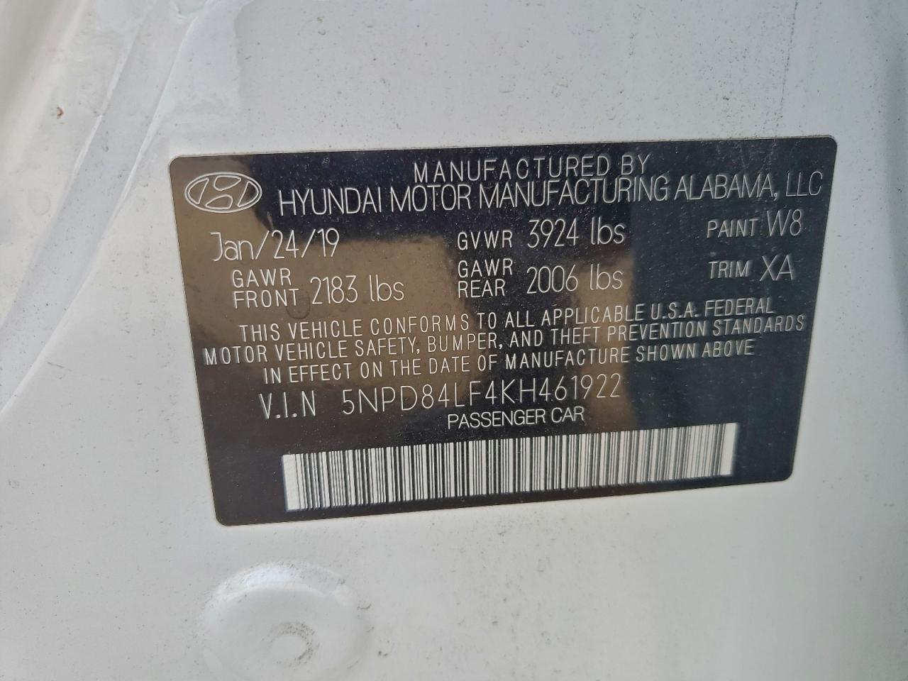 2019 Hyundai Elantra Sel VIN: 5NPD84LF4KH461922 Lot: 90879135