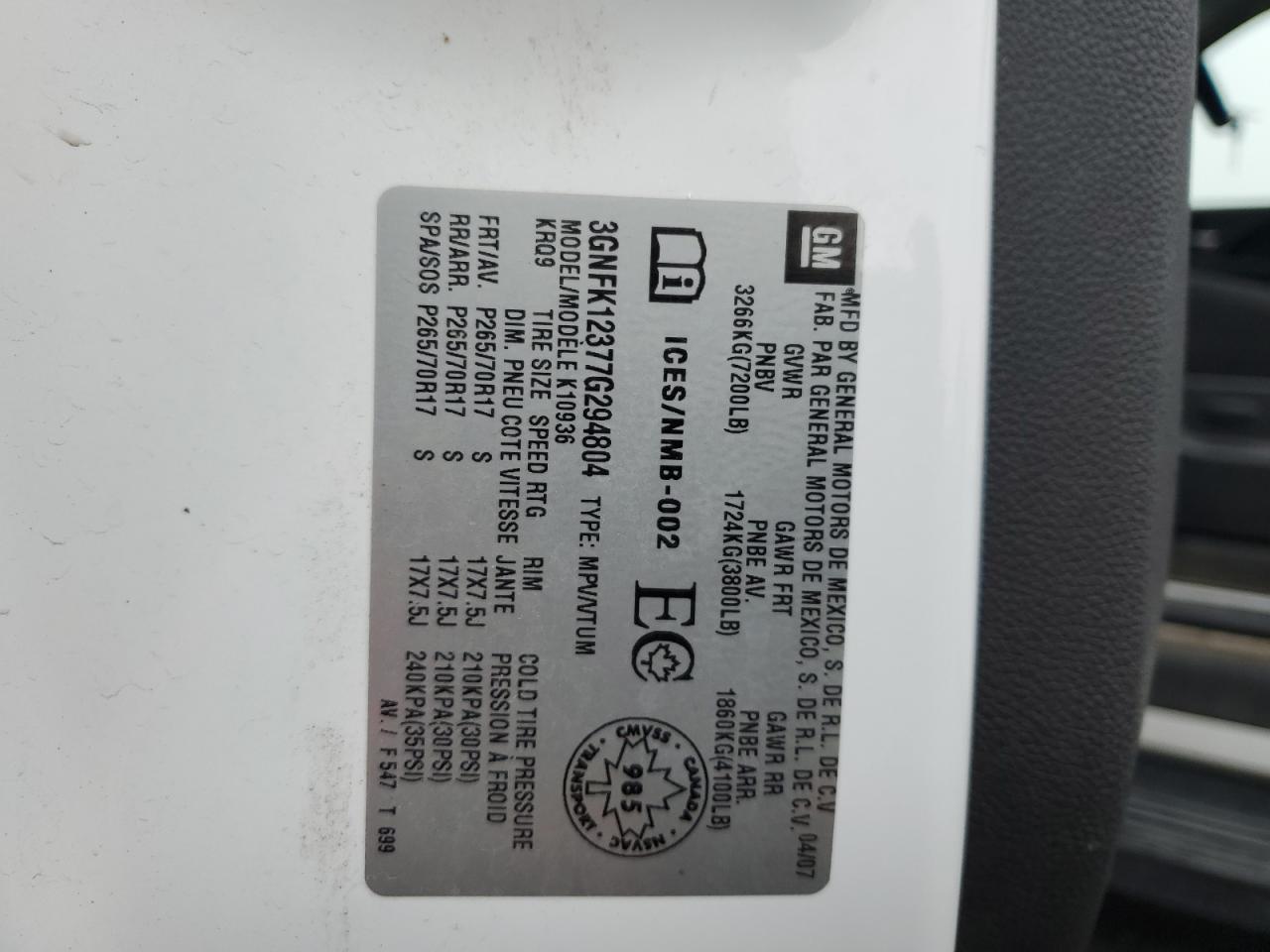 2007 Chevrolet Avalanche K1500 VIN: 3GNFK12377G294804 Lot: 93377235