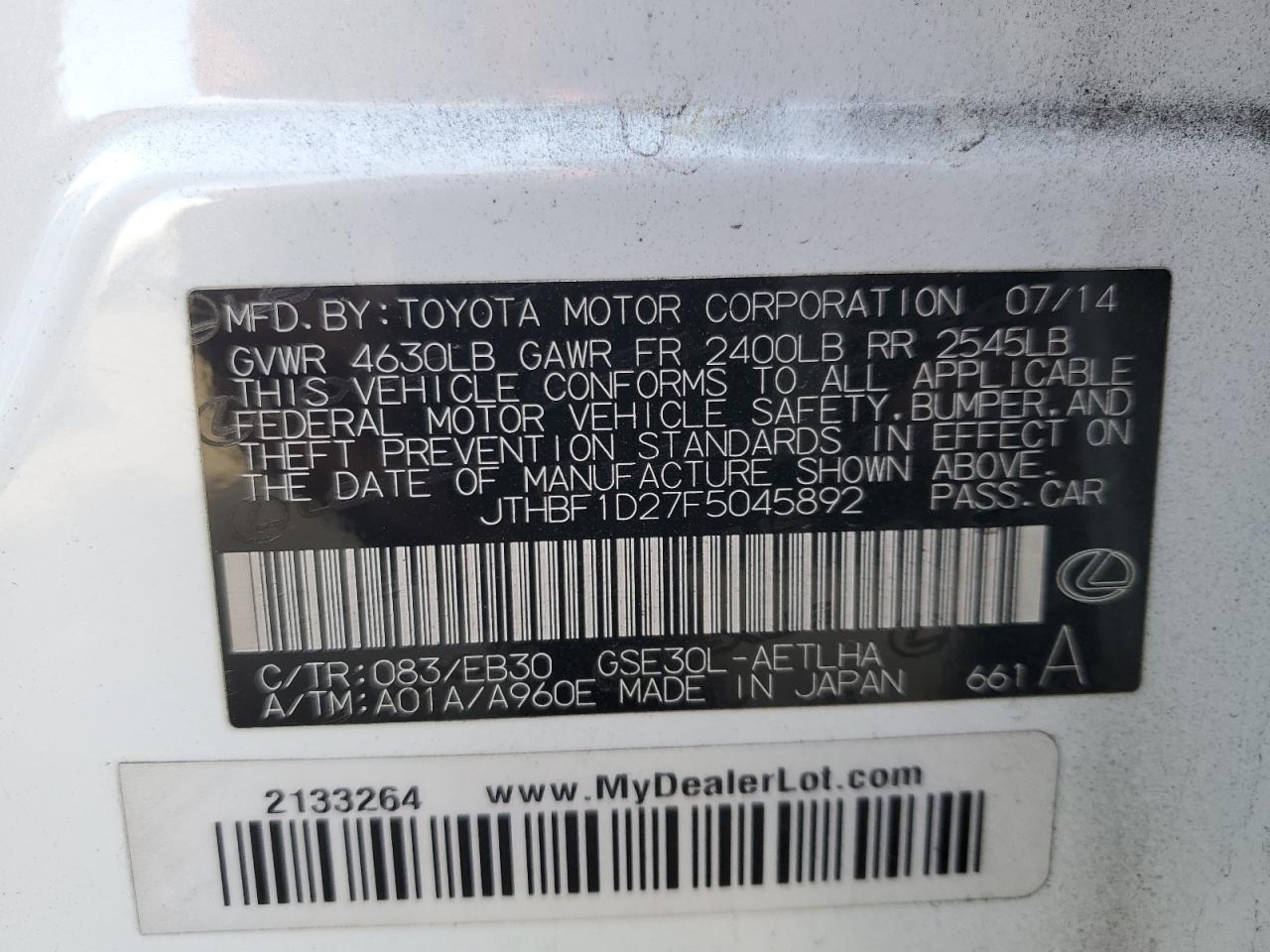 2015 Lexus Is 250 VIN: JTHBF1D27F5045892 Lot: 89930585