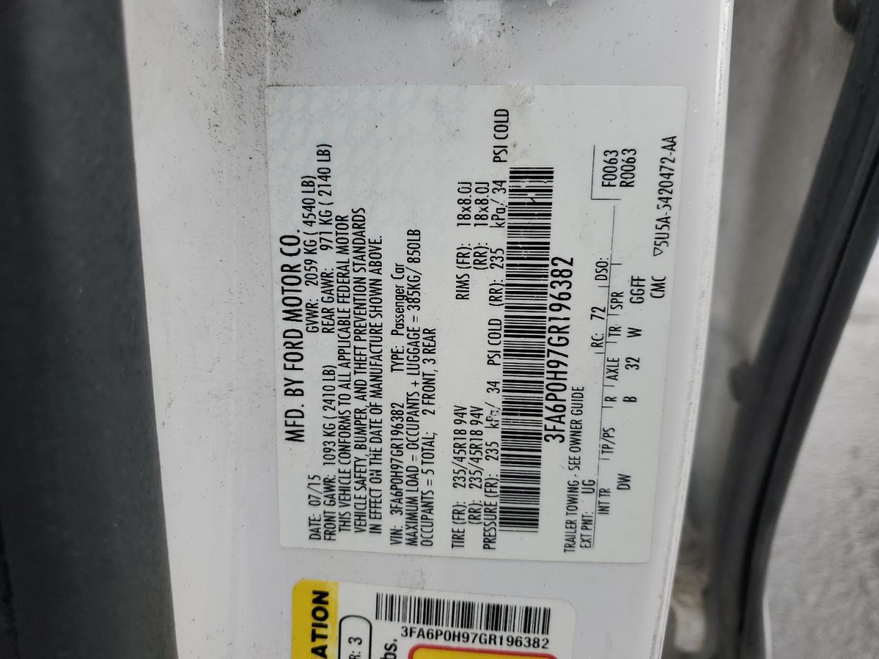 2016 Ford Fusion Se VIN: 3FA6P0H97GR196382 Lot: 92627565