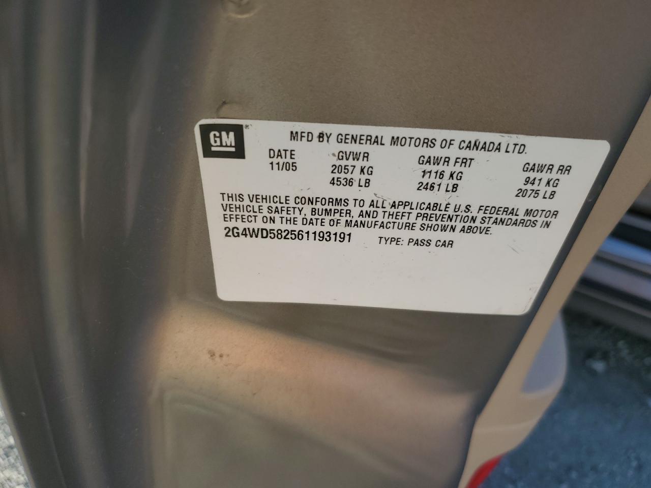 2006 Buick Lacrosse Cxl VIN: 2G4WD582561193191 Lot: 92674025