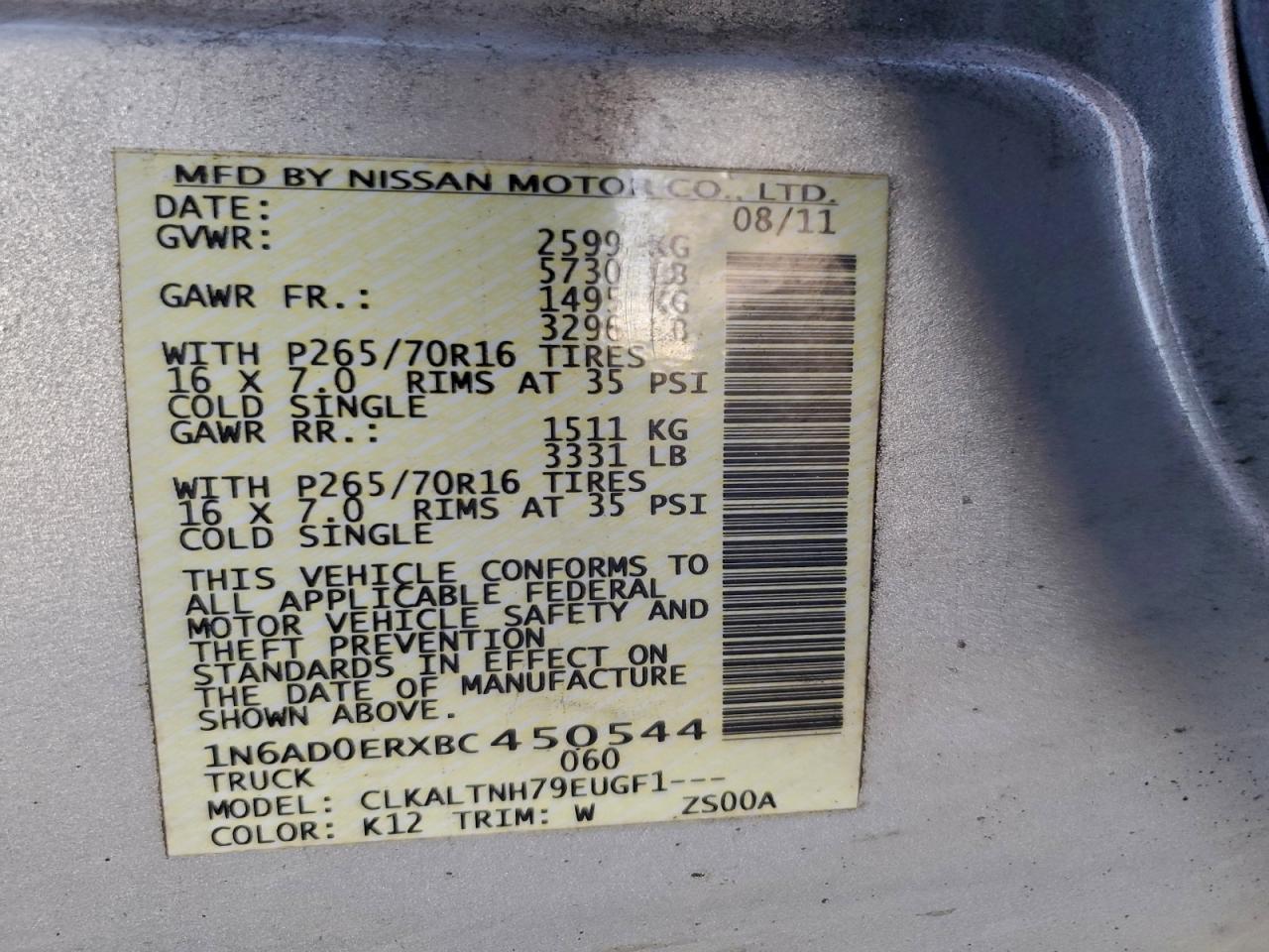 2011 Nissan Frontier S VIN: 1N6AD0ERXBC450544 Lot: 93883485