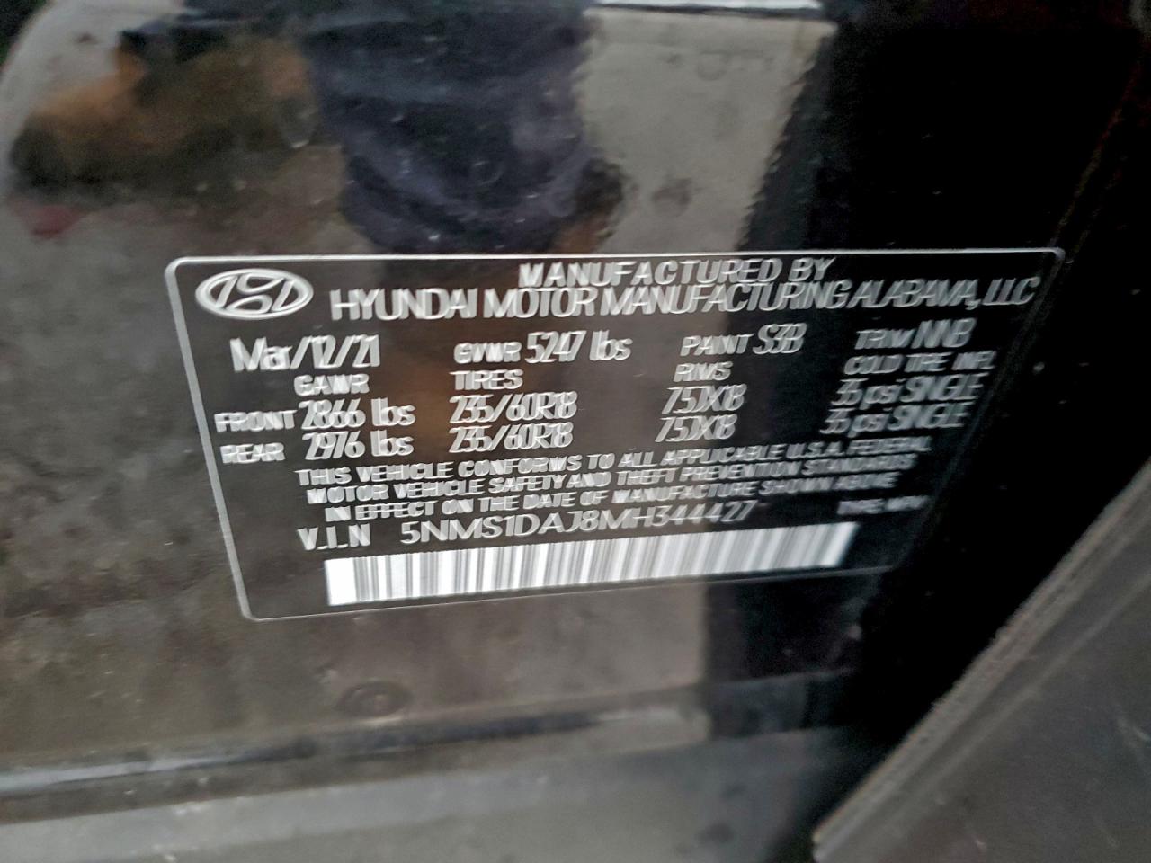 2021 Hyundai Santa Fe Se VIN: 5NMS1DAJ8MH344427 Lot: 93230615