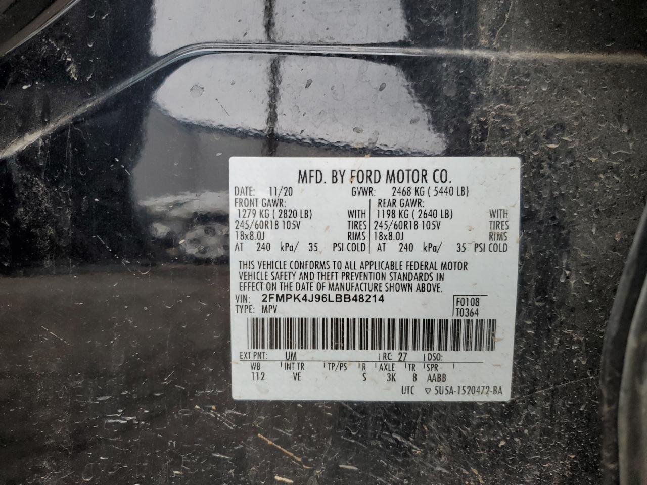 2020 Ford Edge Sel VIN: 2FMPK4J96LBB48214 Lot: 90473395