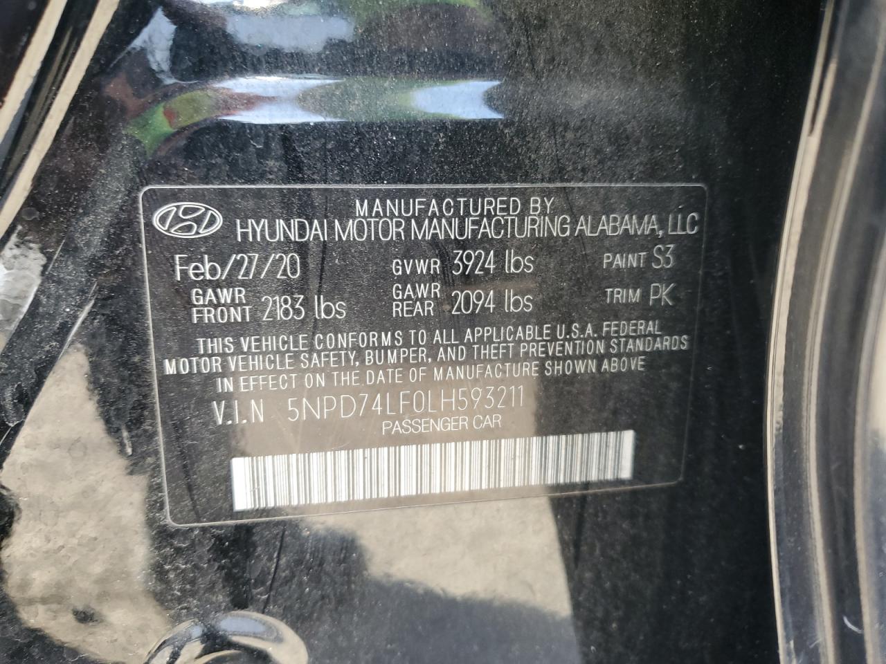 2020 Hyundai Elantra Se VIN: 5NPD74LF0LH593211 Lot: 92646275