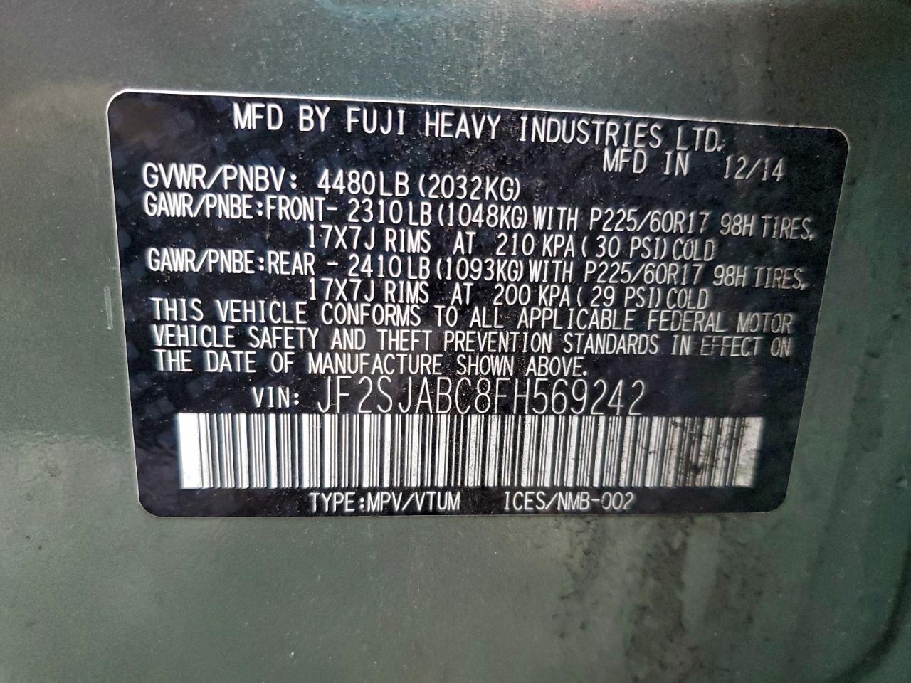 2015 Subaru Forester 2.5I VIN: JF2SJABC8FH569242 Lot: 93385665