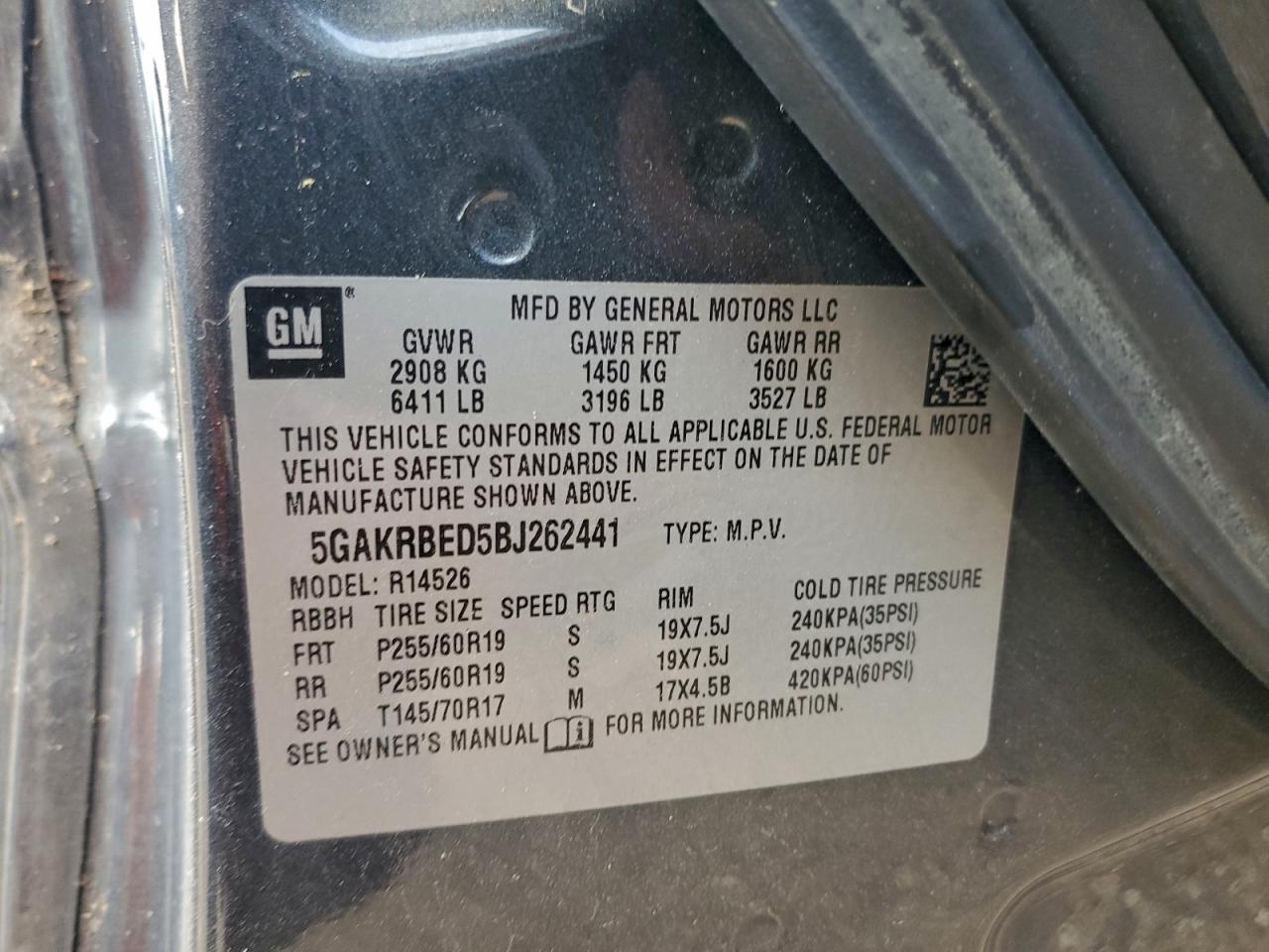 2011 Buick Enclave Cxl VIN: 5GAKRBED5BJ262441 Lot: 94455335