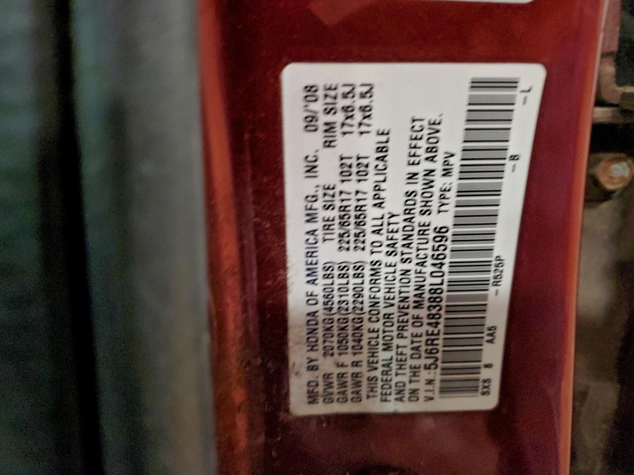 2008 Honda Cr-V Lx VIN: 5J6RE48388L046596 Lot: 93571325