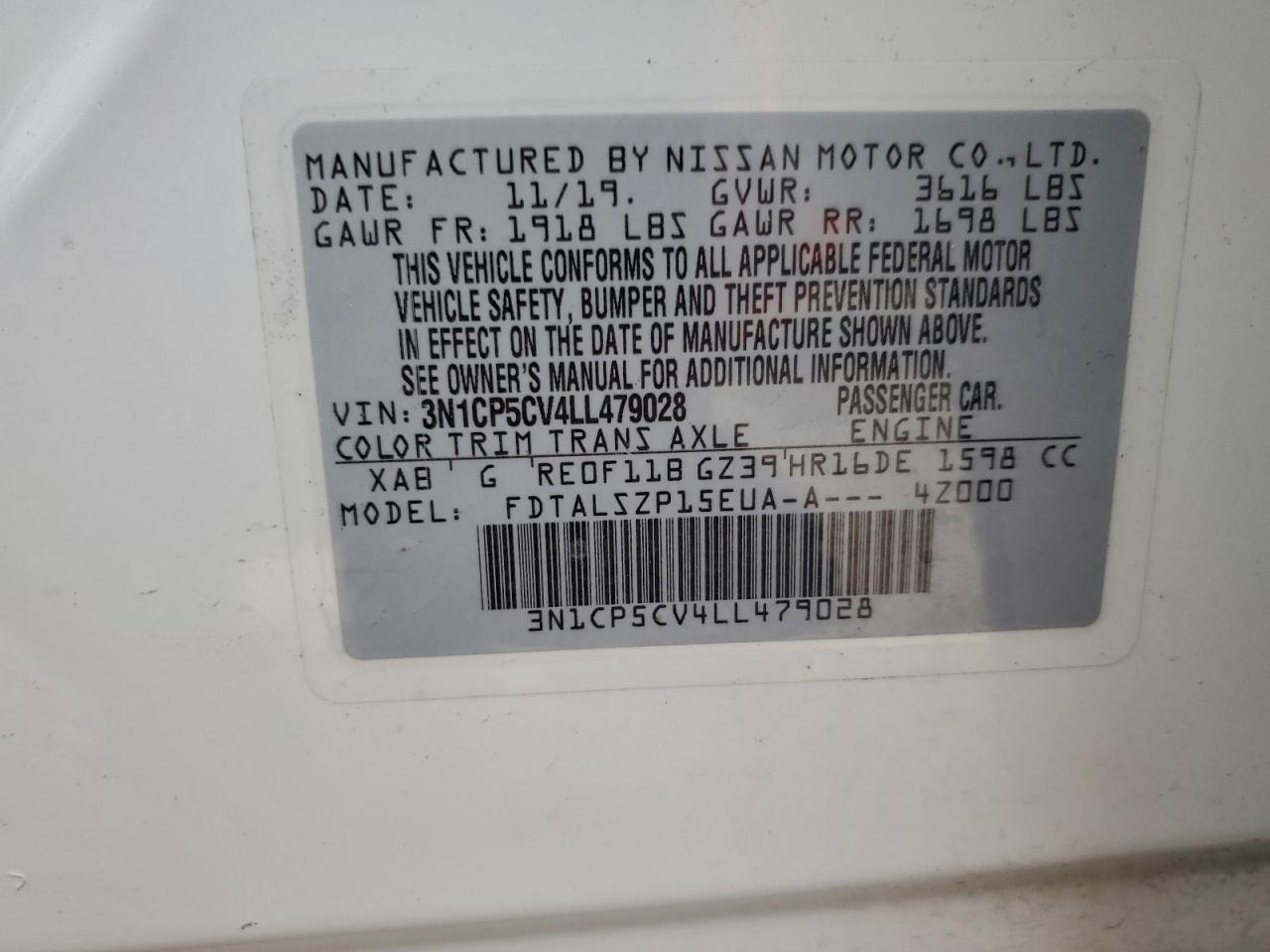 2020 Nissan Kicks Sv VIN: 3N1CP5CV4LL479028 Lot: 93854765