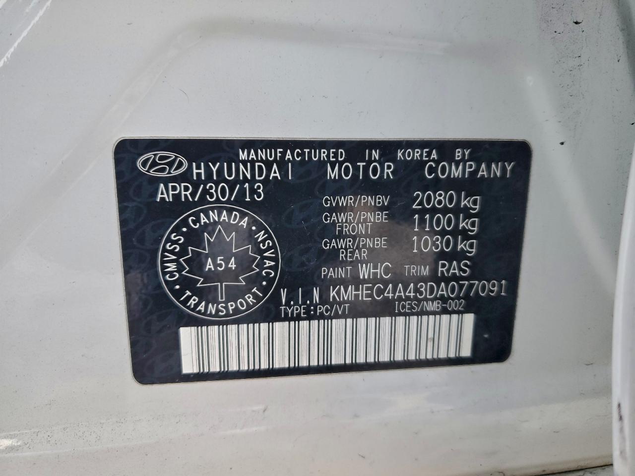 2013 Hyundai Sonata Hybrid VIN: KMHEC4A43DA077091 Lot: 92411345