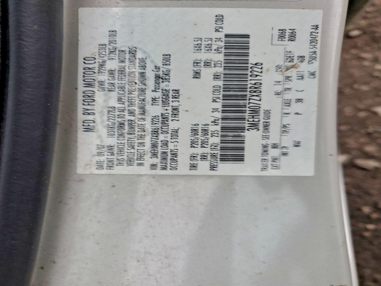 2008 Mercury Milan VIN: 3MEHM07ZX8R619226 Lot: 94609905