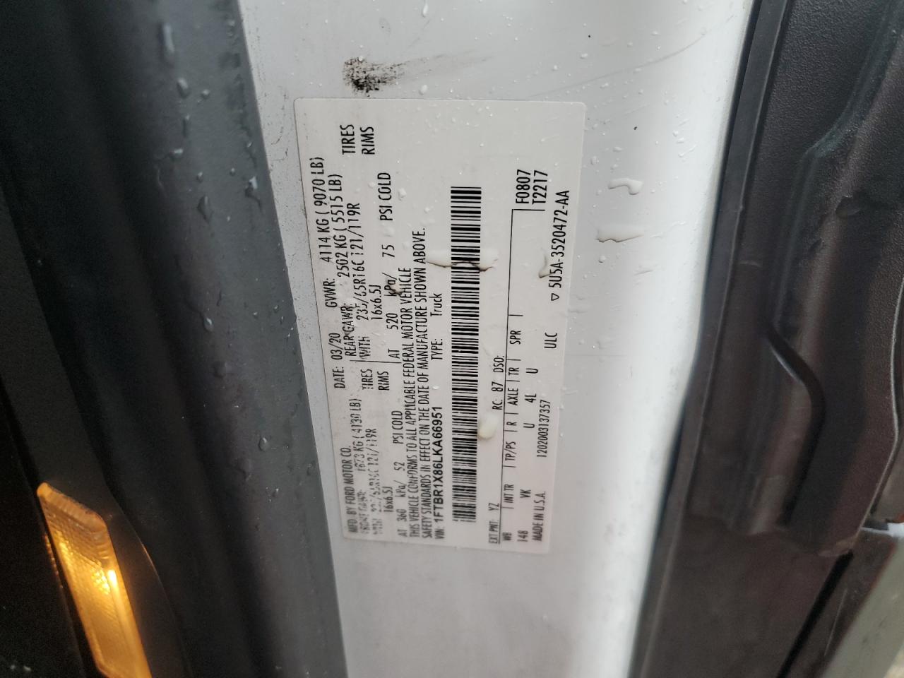 2020 Ford Transit T-250 VIN: 1FTBR1X86LKA66951 Lot: 94171655