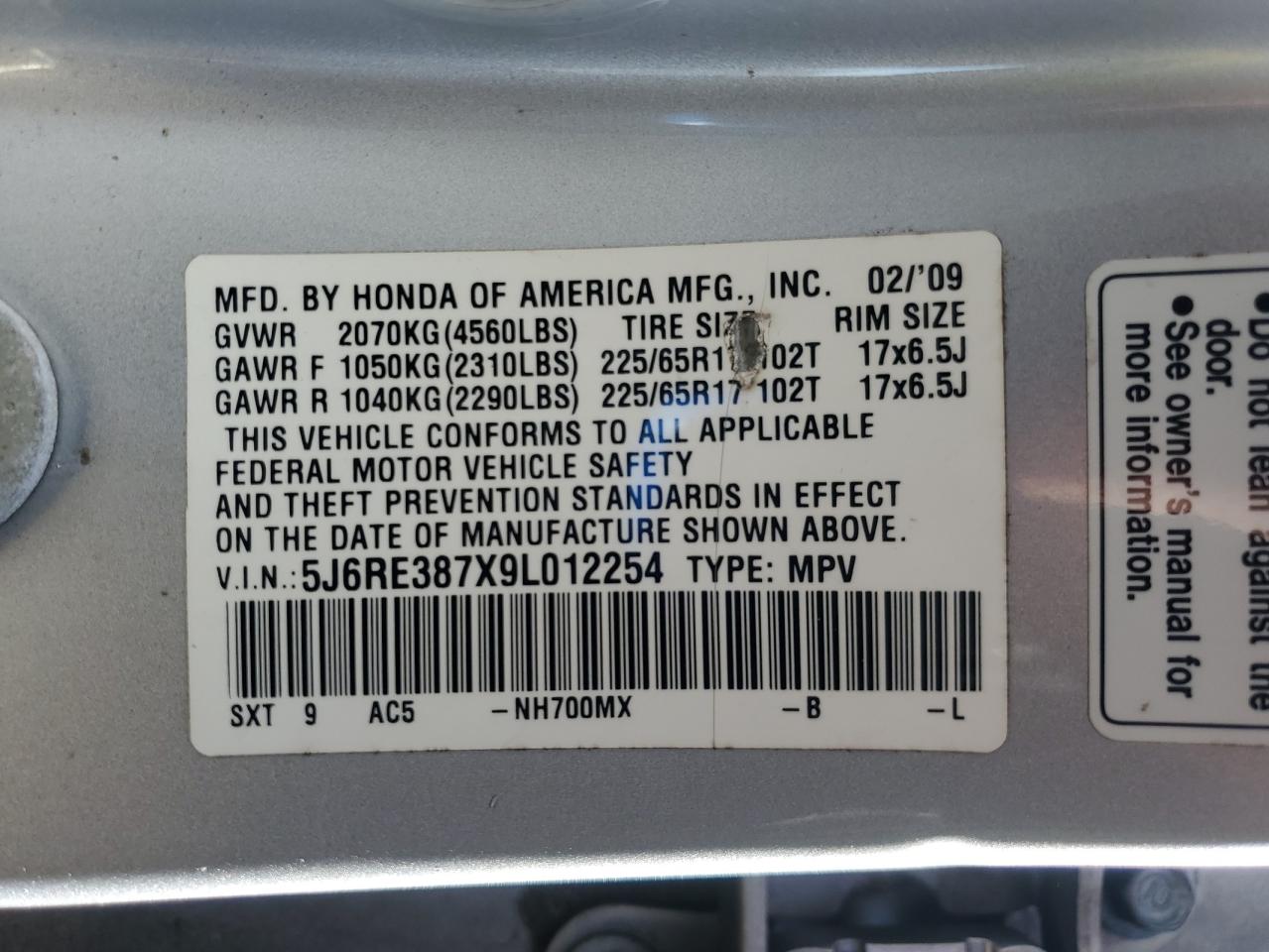 2009 Honda Cr-V Exl VIN: 5J6RE387X9L012254 Lot: 92024405