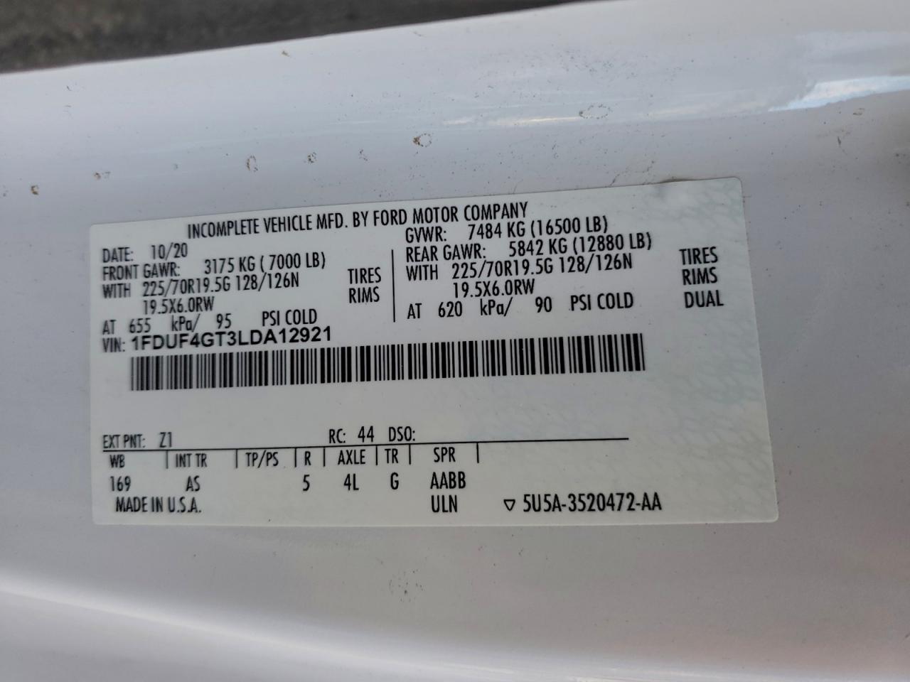 2020 Ford F450 Super Duty Utility / Service Truck VIN: 1FDUF4GT3LDA12921 Lot: 93316495