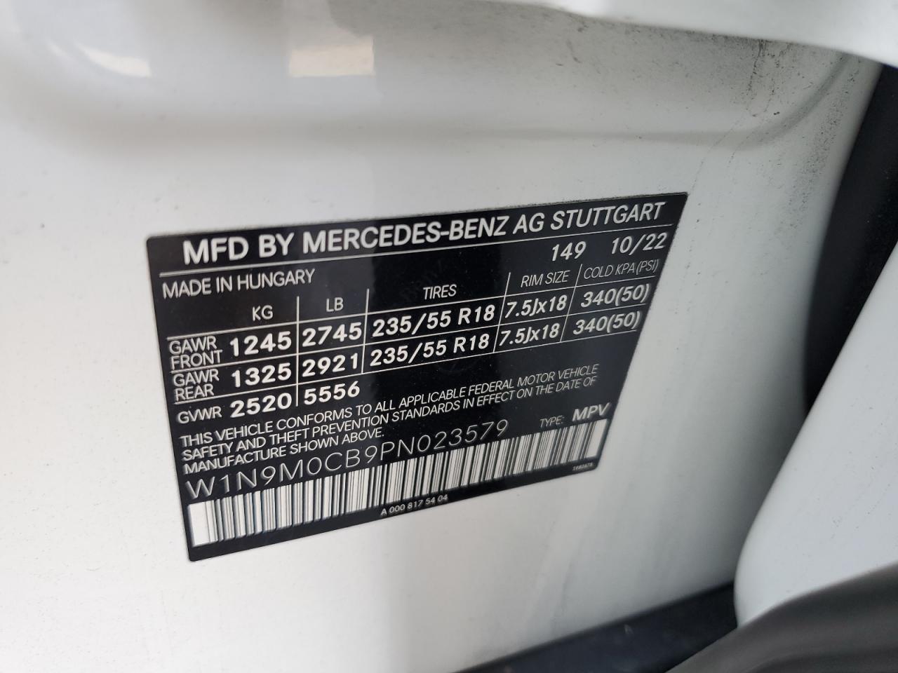 2023 Mercedes-Benz Eqb 250+ VIN: W1N9M0CB9PN023579 Lot: 91713035