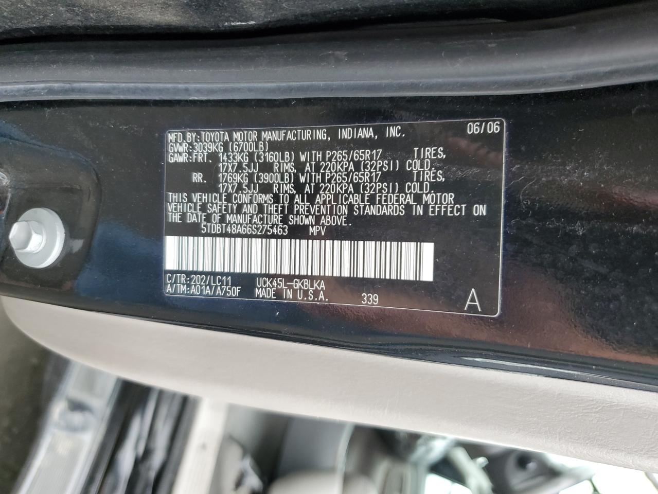 2006 Toyota Sequoia Limited VIN: 5TDBT48A66S275463 Lot: 91601195