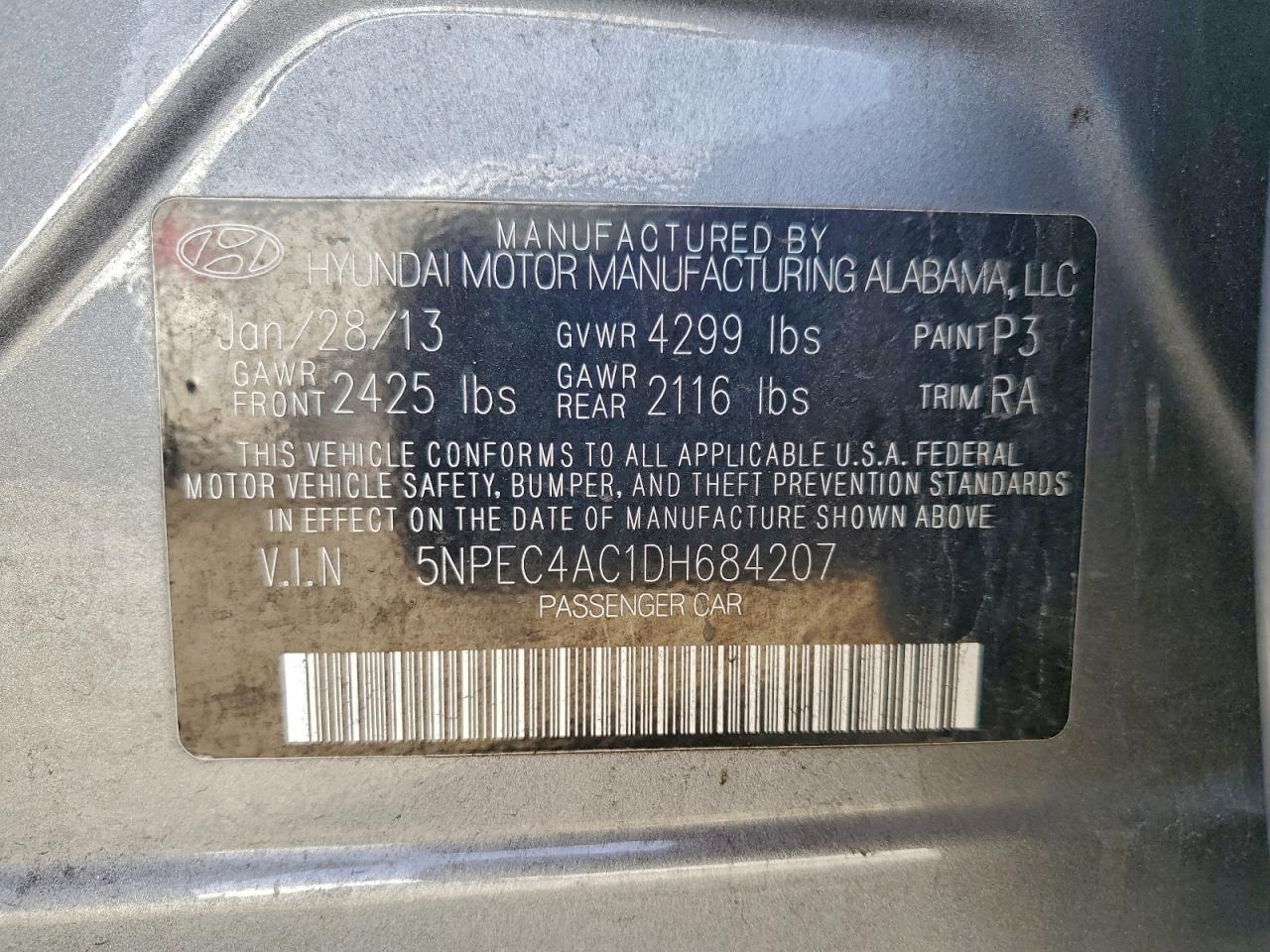 2013 Hyundai Sonata Se VIN: 5NPEC4AC1DH684207 Lot: 93763145