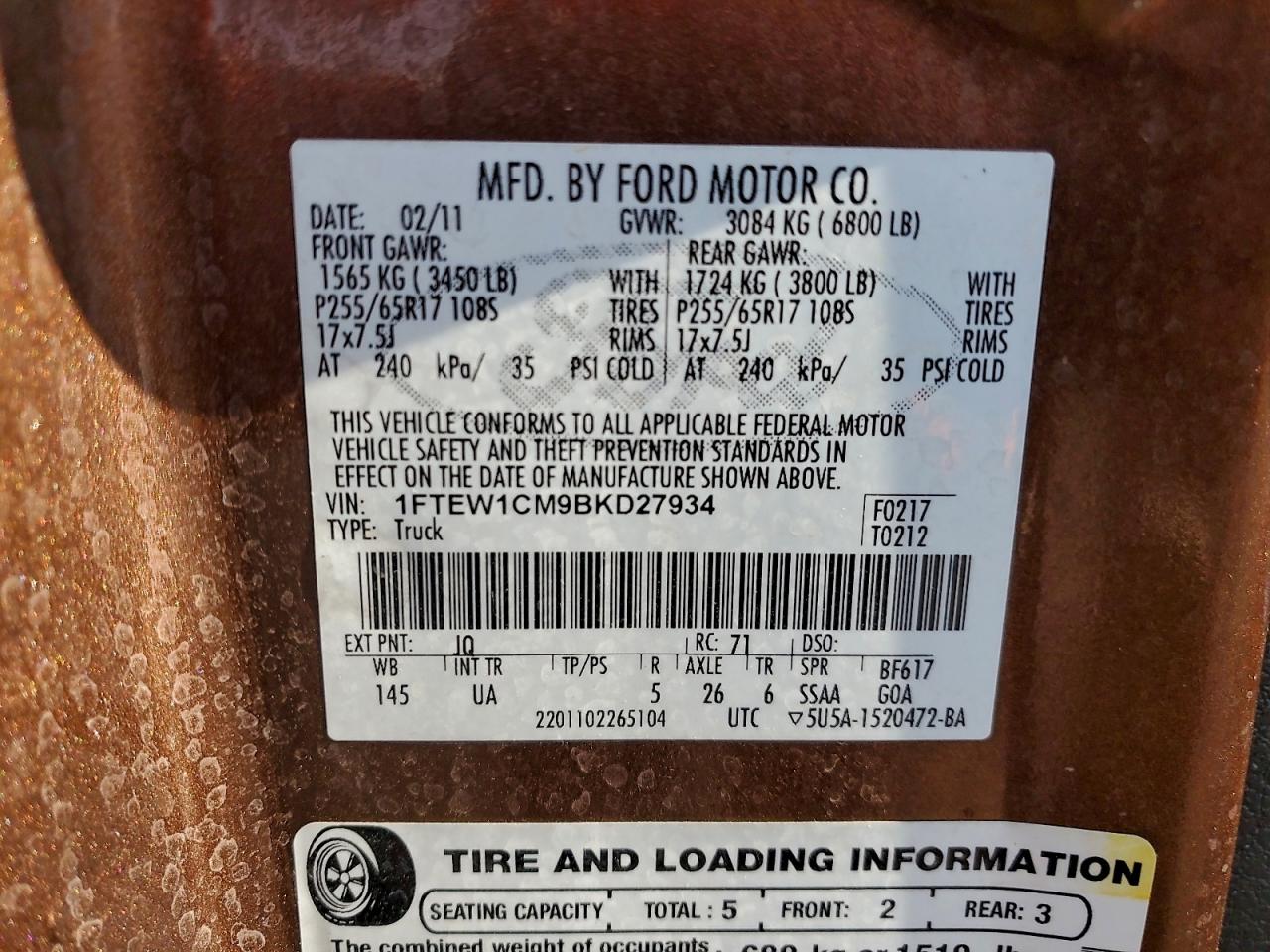 2011 Ford F150 Supercrew VIN: 1FTEW1CM9BKD27934 Lot: 94229185