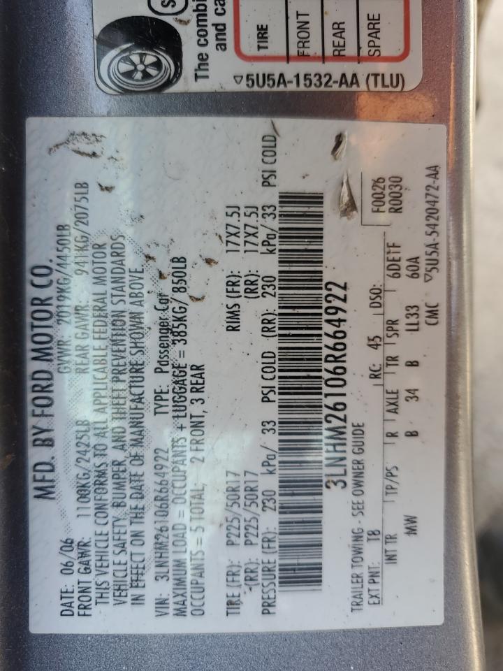 2006 Lincoln Zephyr VIN: 3LNHM26106R664922 Lot: 92986145