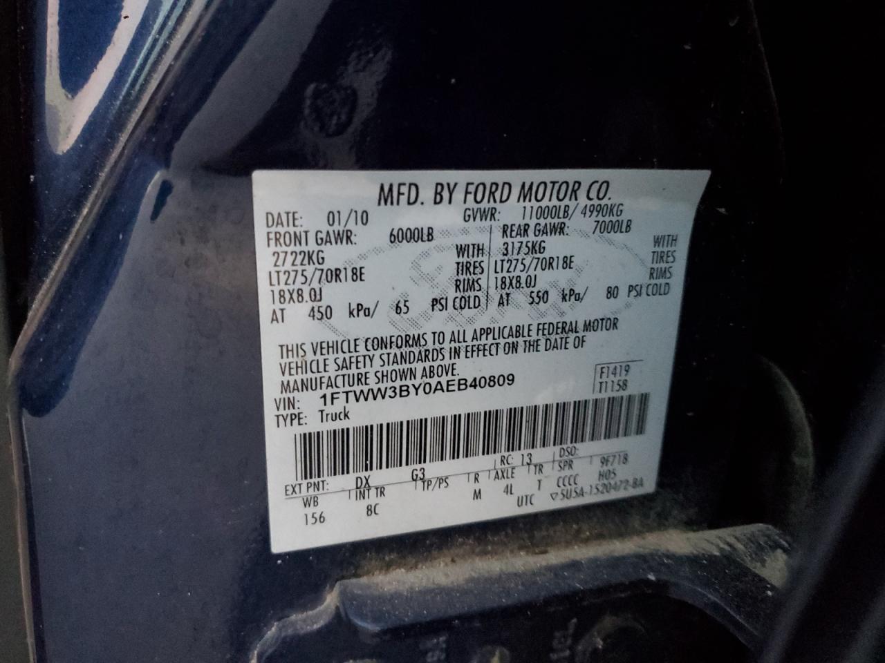 2010 Ford F350 Super Duty VIN: 1FTWW3BY0AEB40809 Lot: 91572365