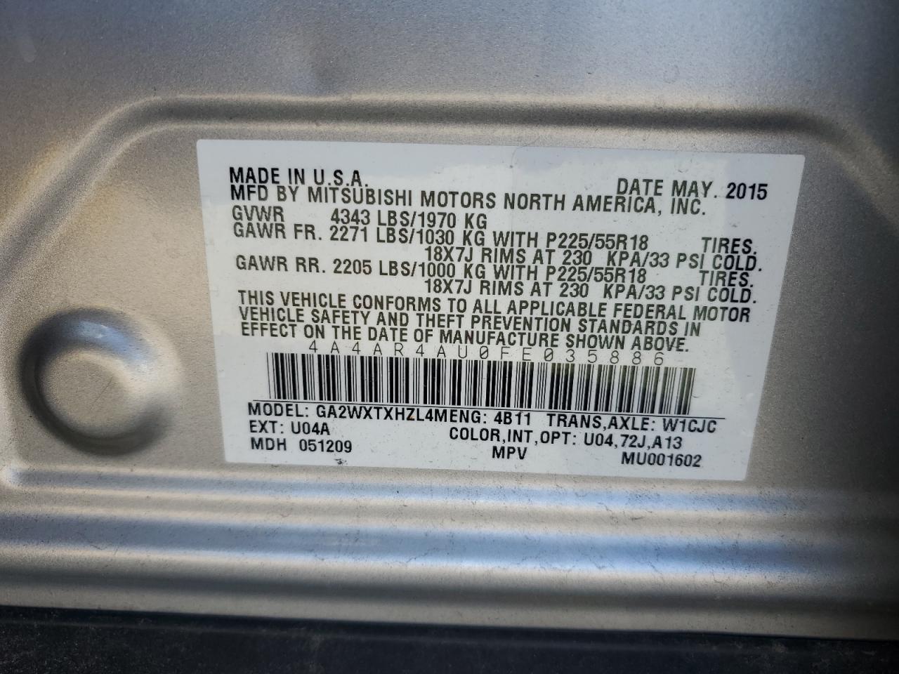 2015 Mitsubishi Outlander Sport Se VIN: 4A4AR4AU0FE035886 Lot: 90954815