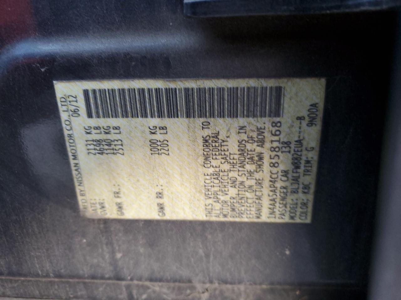 2012 Nissan Maxima S VIN: 1N4AA5AP4CC858168 Lot: 91433385