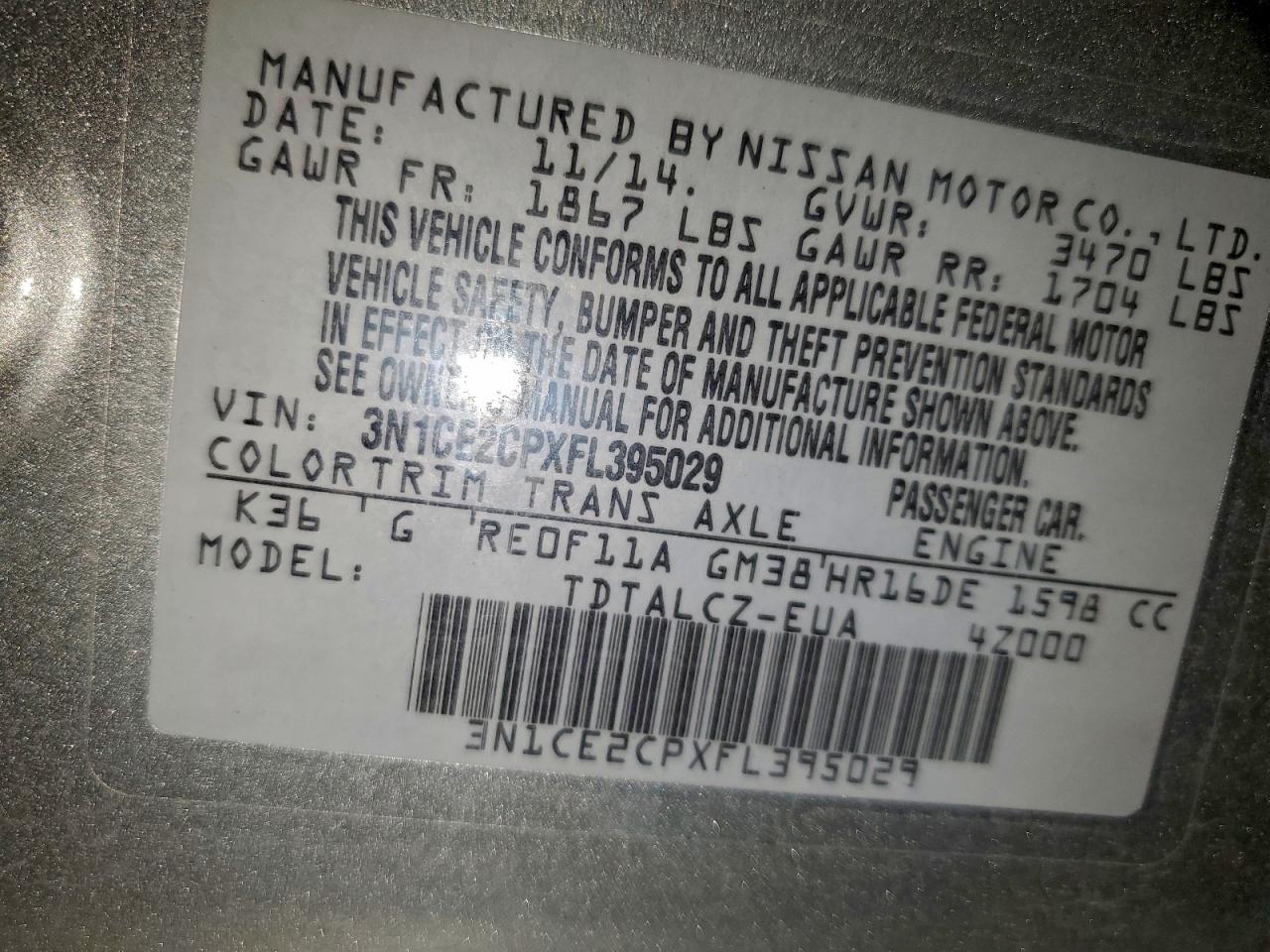 2015 Nissan Versa Note VIN: 395029 Lot: 85440585