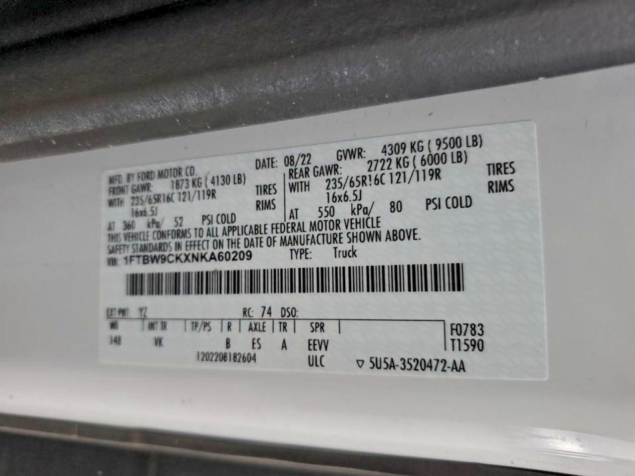 2022 Ford Transit Delivery Van VIN: 1FTBW9CKXNKA60209 Lot: 92611615