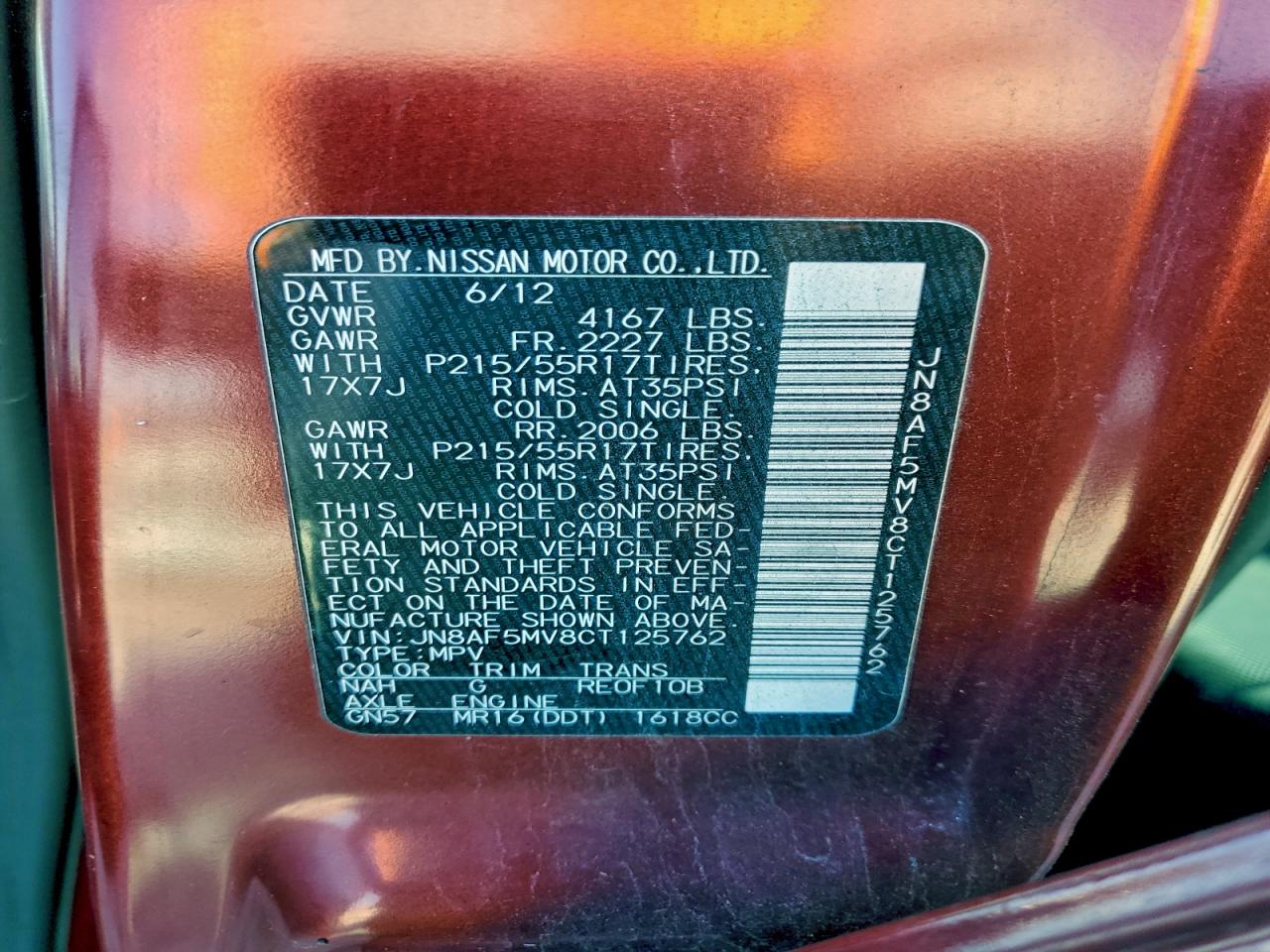 2012 Nissan Juke S VIN: JN8AF5MV8CT125762 Lot: 94754415