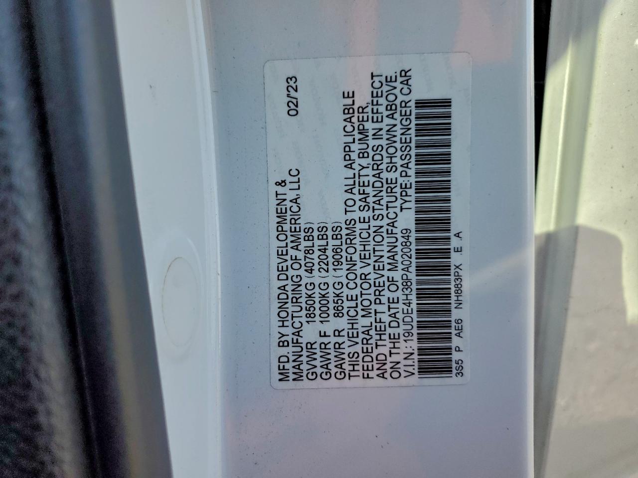 2023 Acura Integra A-Spec VIN: 19UDE4H38PA020849 Lot: 93550985