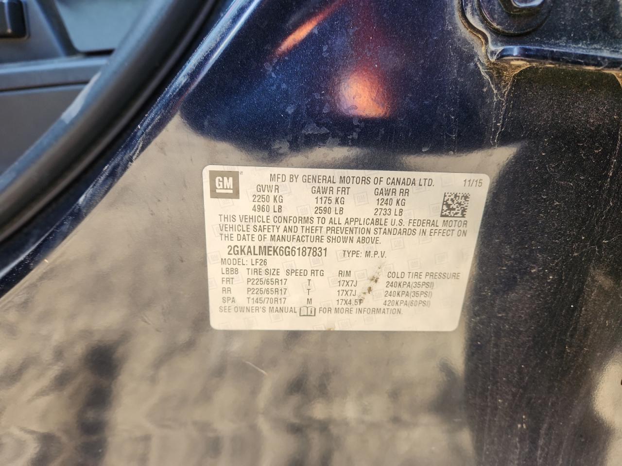 2016 GMC Terrain Sle VIN: 2GKALMEK6G6187831 Lot: 91923125