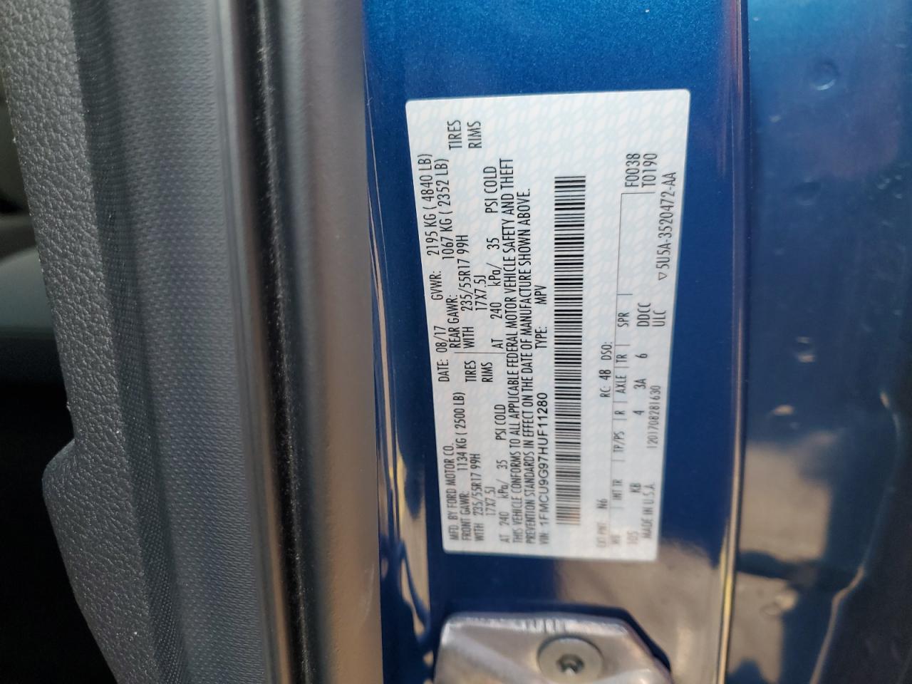 2017 Ford Escape Se VIN: 1FMCU9G97HUF11280 Lot: 92318455