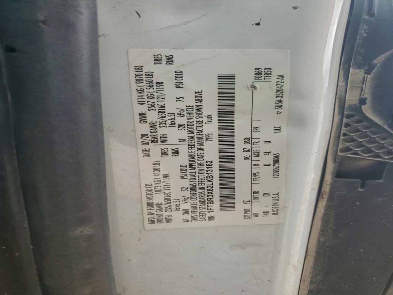 2020 Ford Transit T-250 VIN: 1FTBR3X82LKB13162 Lot: 93723985