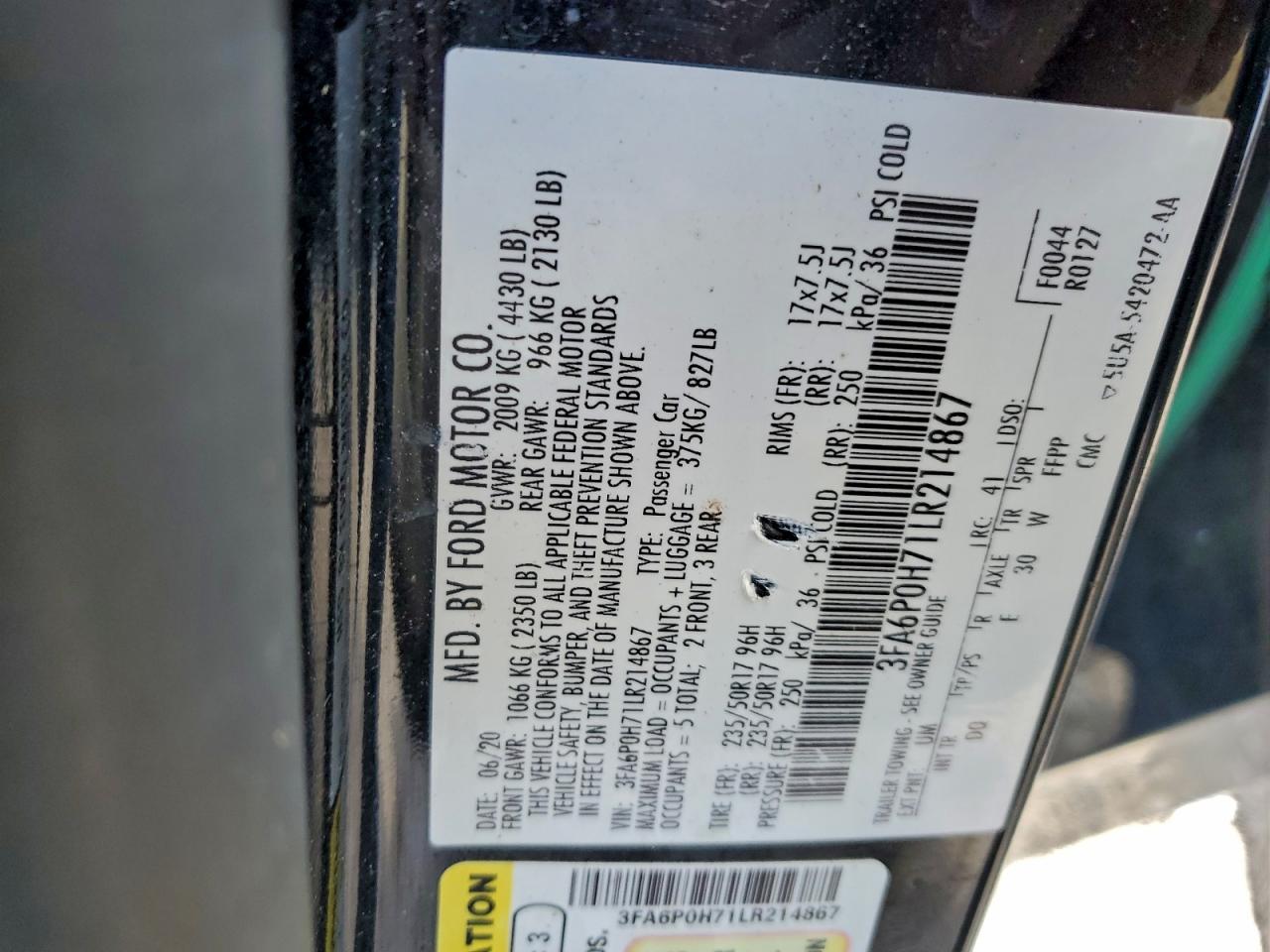 2020 Ford Fusion Se VIN: 3FA6P0H71LR214867 Lot: 94517525