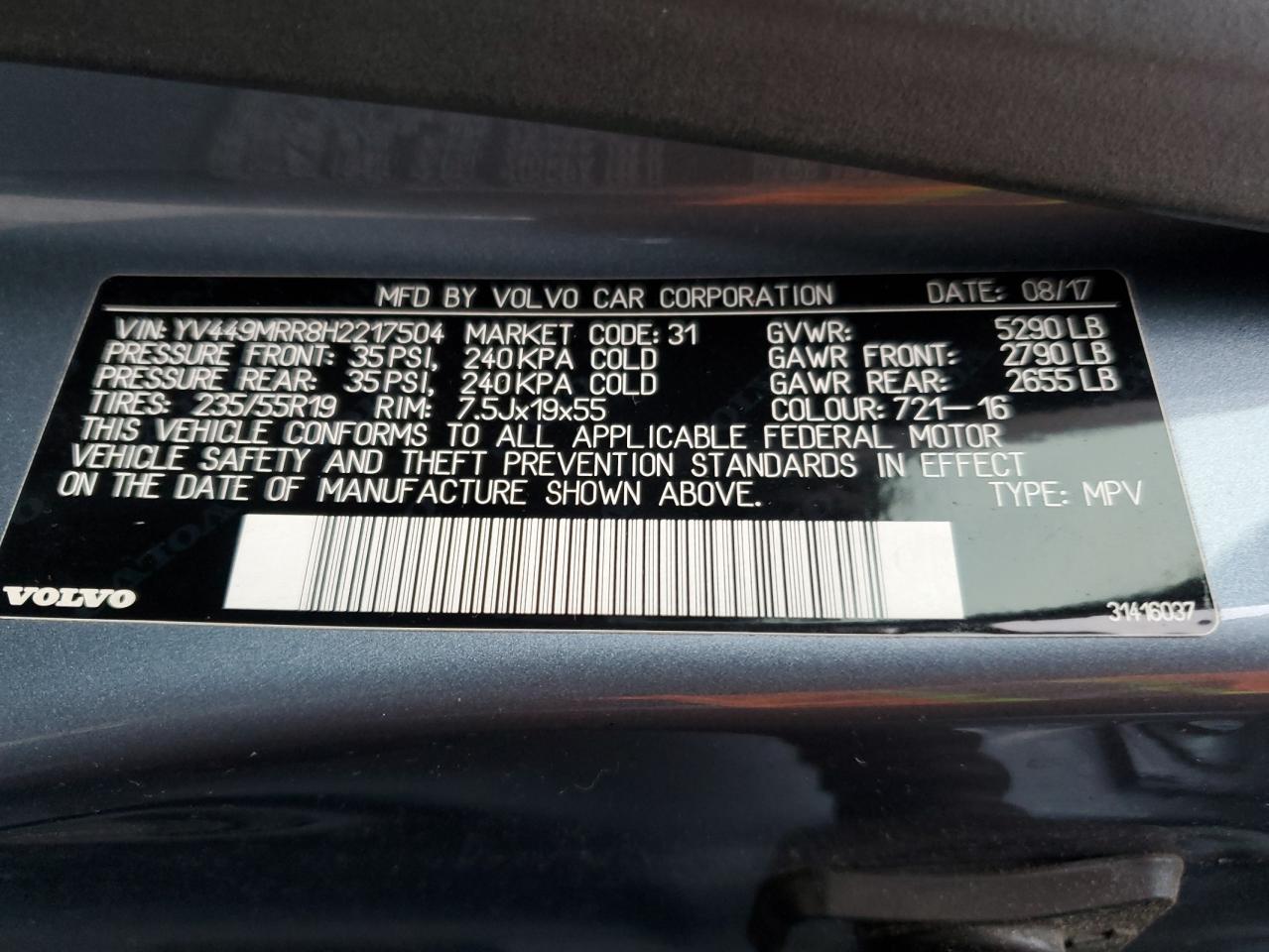 2017 Volvo Xc60 T6 Dynamic VIN: YV449MRR8H2217504 Lot: 93497405