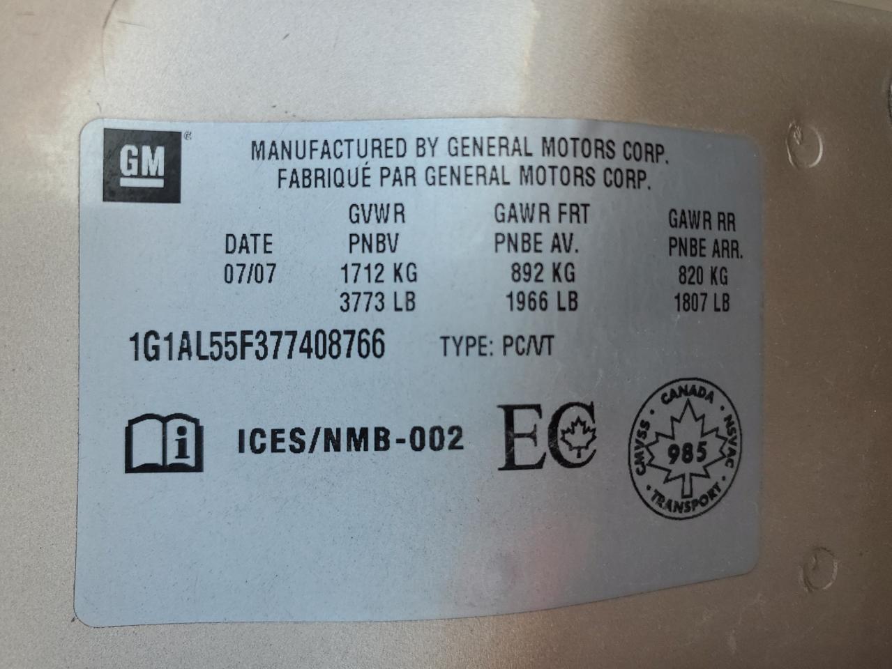 2007 Chevrolet Cobalt Lt VIN: 1G1AL55F377408766 Lot: 92021115