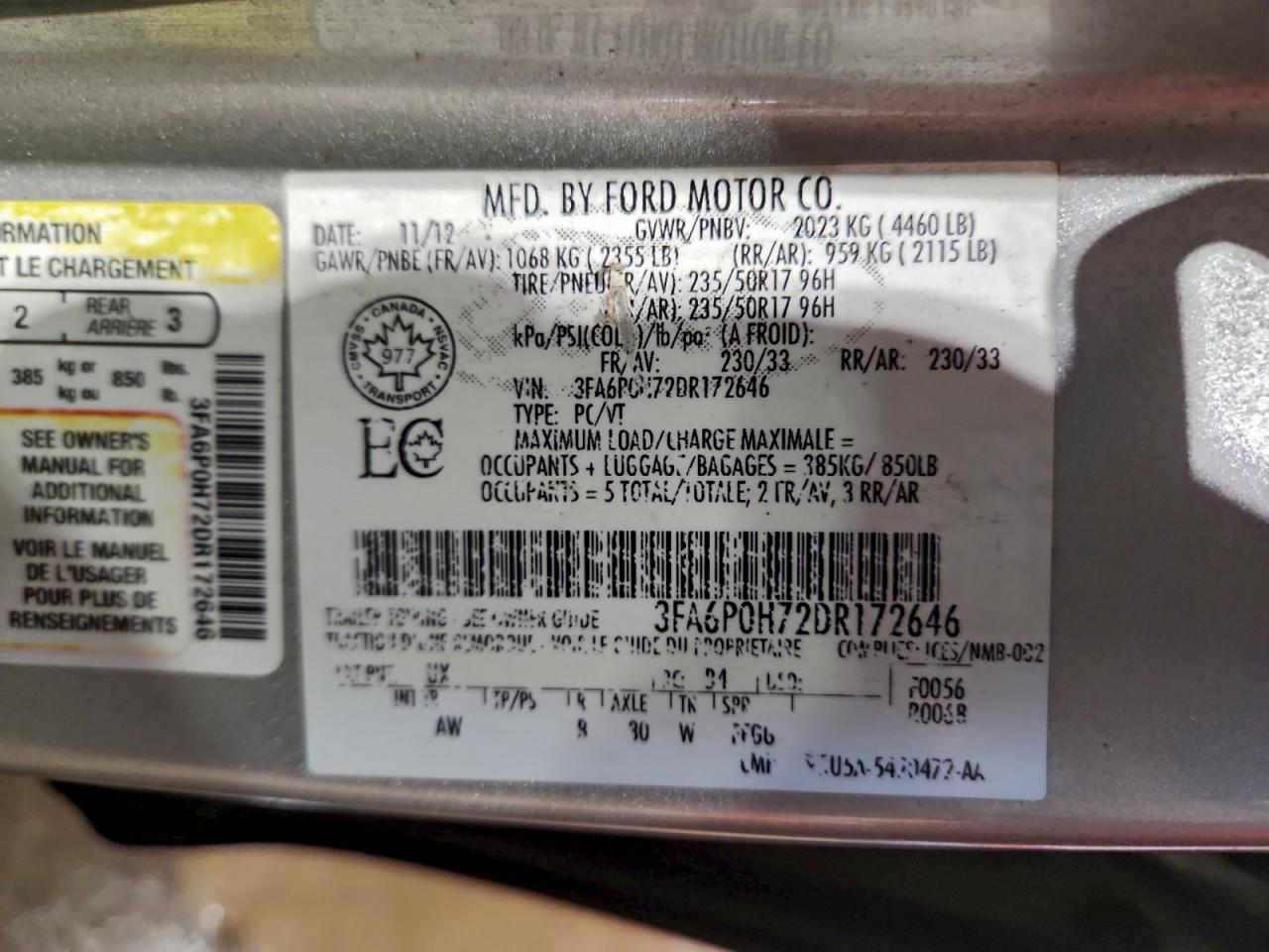 2013 Ford Fusion Se VIN: 3FA6P0H72DR172646 Lot: 94693435
