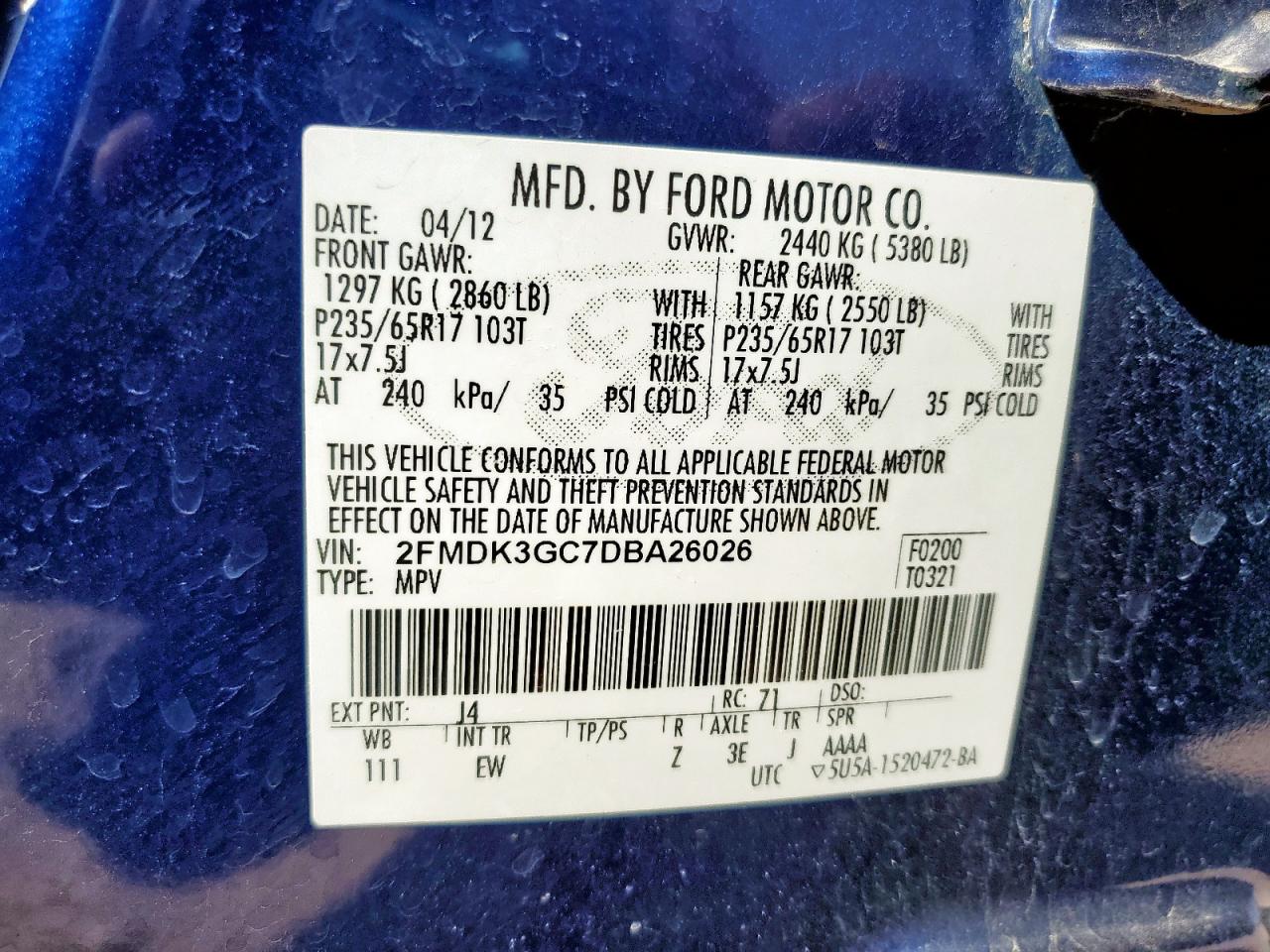 2013 Ford Edge Se VIN: 2FMDK3GC7DBA26026 Lot: 93144265