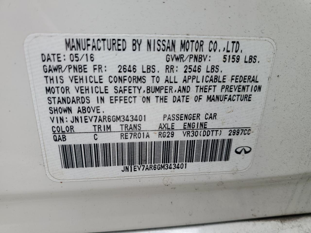 2016 Infiniti Q50 Premium VIN: JN1EV7AR6GM343401 Lot: 91438685