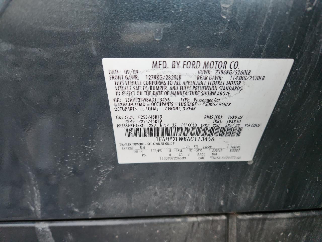 2010 Ford Taurus Limited VIN: 1FAHP2FW8AG113456 Lot: 92662325