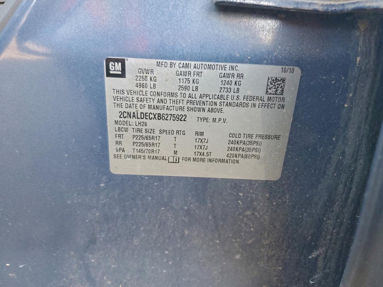 2011 Chevrolet Equinox Lt VIN: 2CNALDECXB6275922 Lot: 94136235