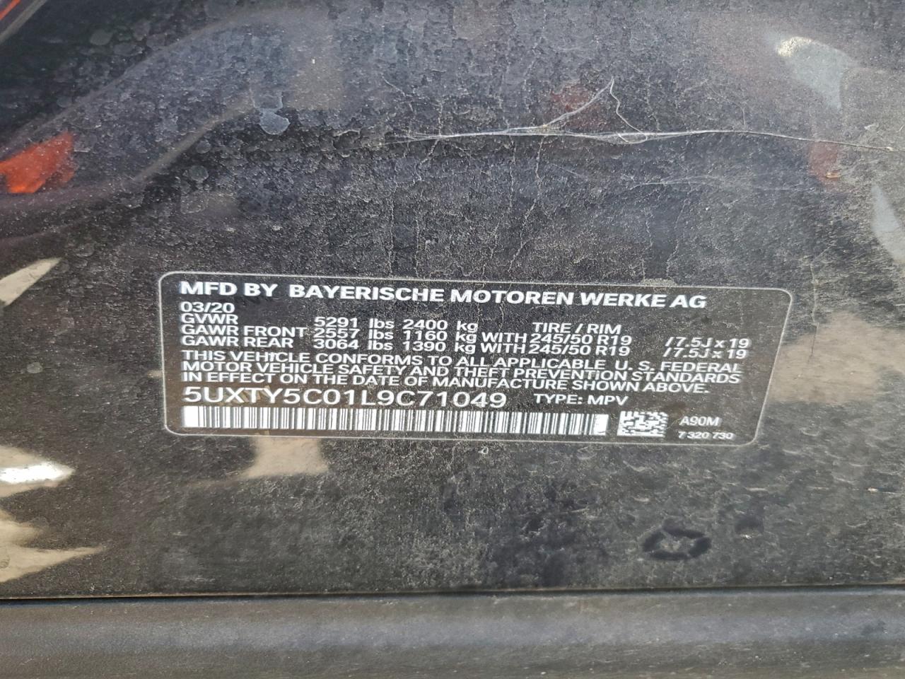 2020 BMW X3 xDrive30I VIN: 5UXTY5C01L9C71049 Lot: 93781205