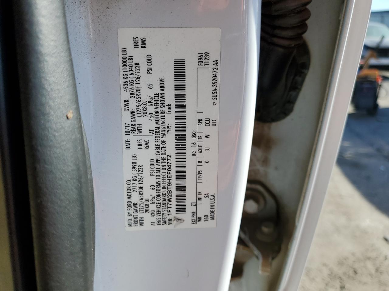 2017 Ford F250 Super Duty VIN: 1FT7W2BT9HEF04772 Lot: 91570115