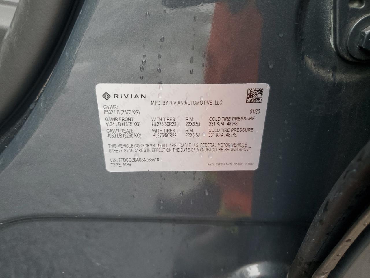 2025 Rivian R1S Adventure VIN: 7PDSGBBA0SN065418 Lot: 92445025