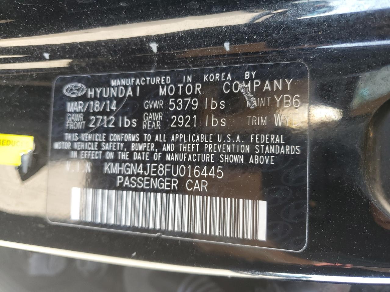 2015 Hyundai Genesis 3.8L VIN: KMHGN4JE8FU016445 Lot: 90760695