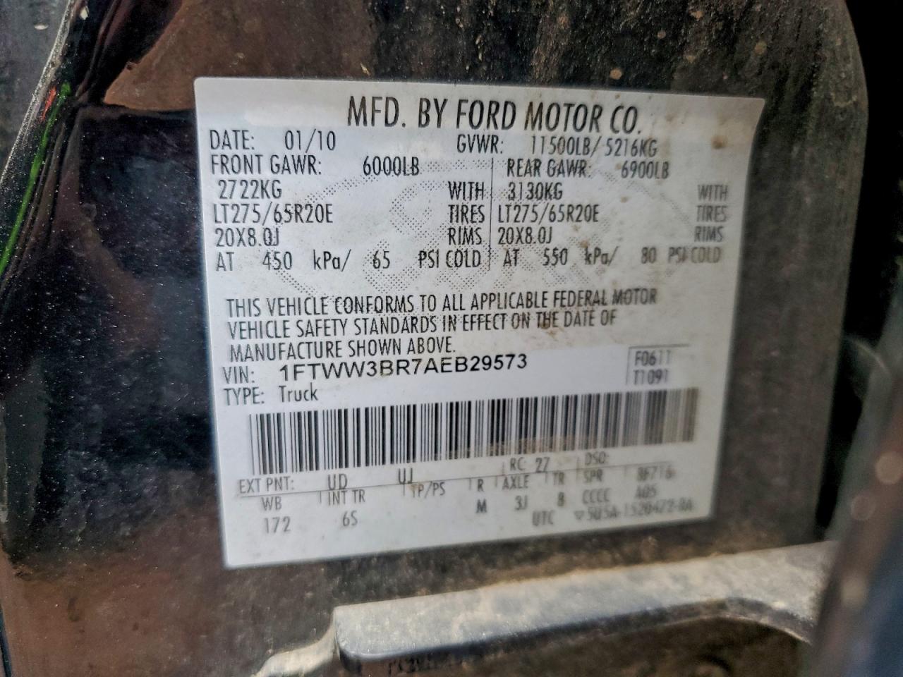 2010 Ford F350 Super Duty VIN: 1FTWW3BR7AEB29573 Lot: 93522155