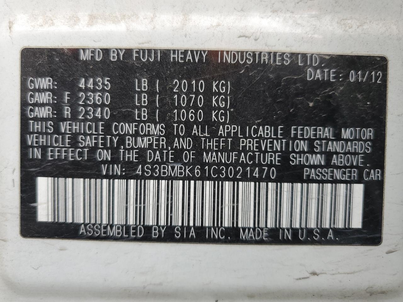 2012 Subaru Legacy 2.5I Limited VIN: 4S3BMBK61C3021470 Lot: 91272645