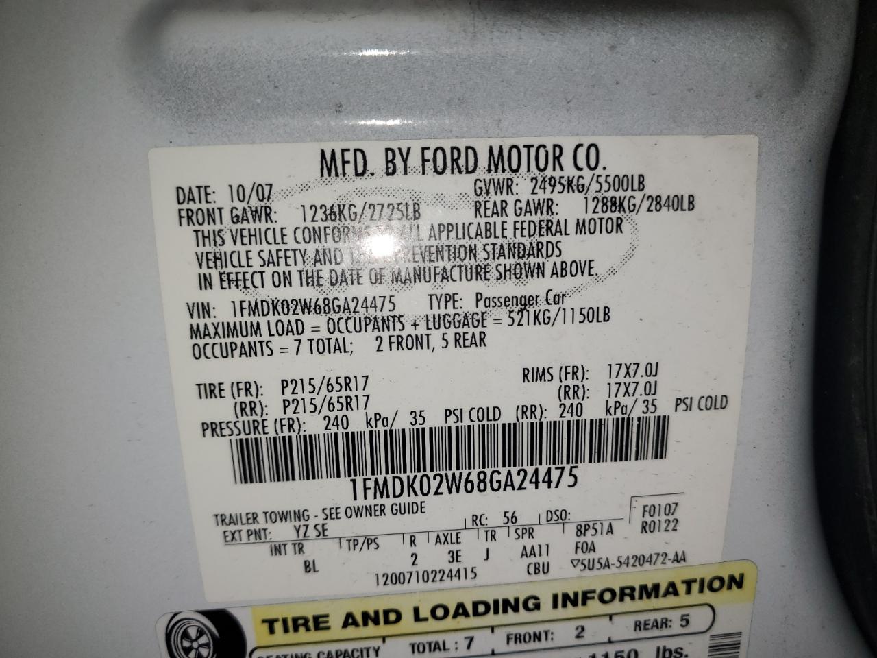 2008 Ford Taurus X Sel VIN: 1FMDK02W68GA24475 Lot: 91869085