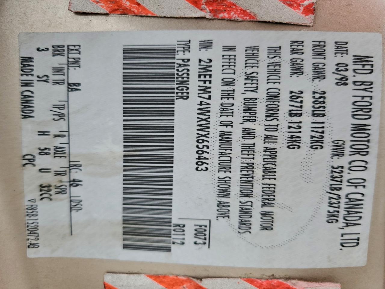 1998 Mercury Grand Marquis Gs VIN: 2MEFM74WXWX656463 Lot: 94055695