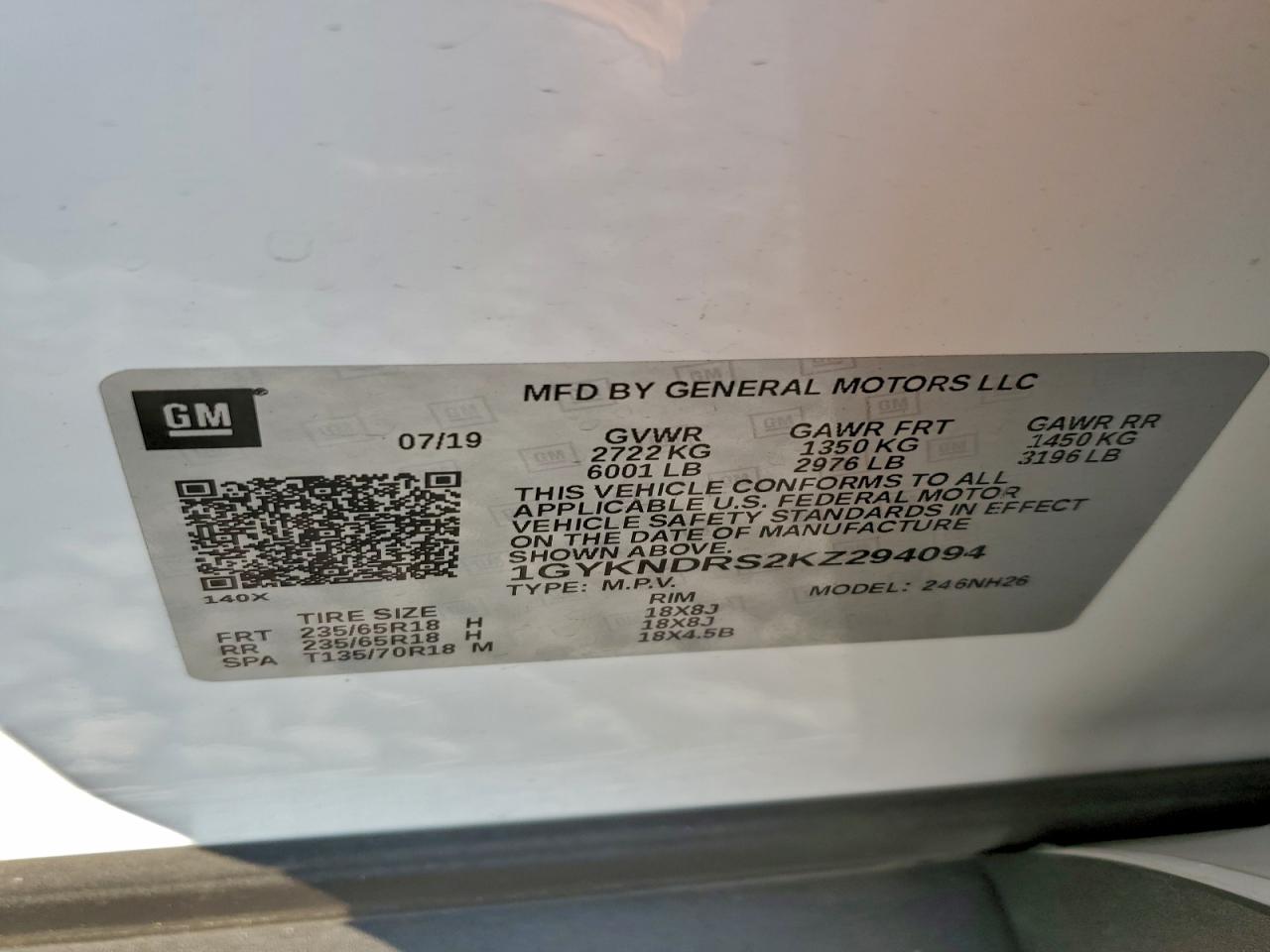 2019 Cadillac Xt5 Luxury VIN: 1GYKNDRS2KZ294094 Lot: 94324645